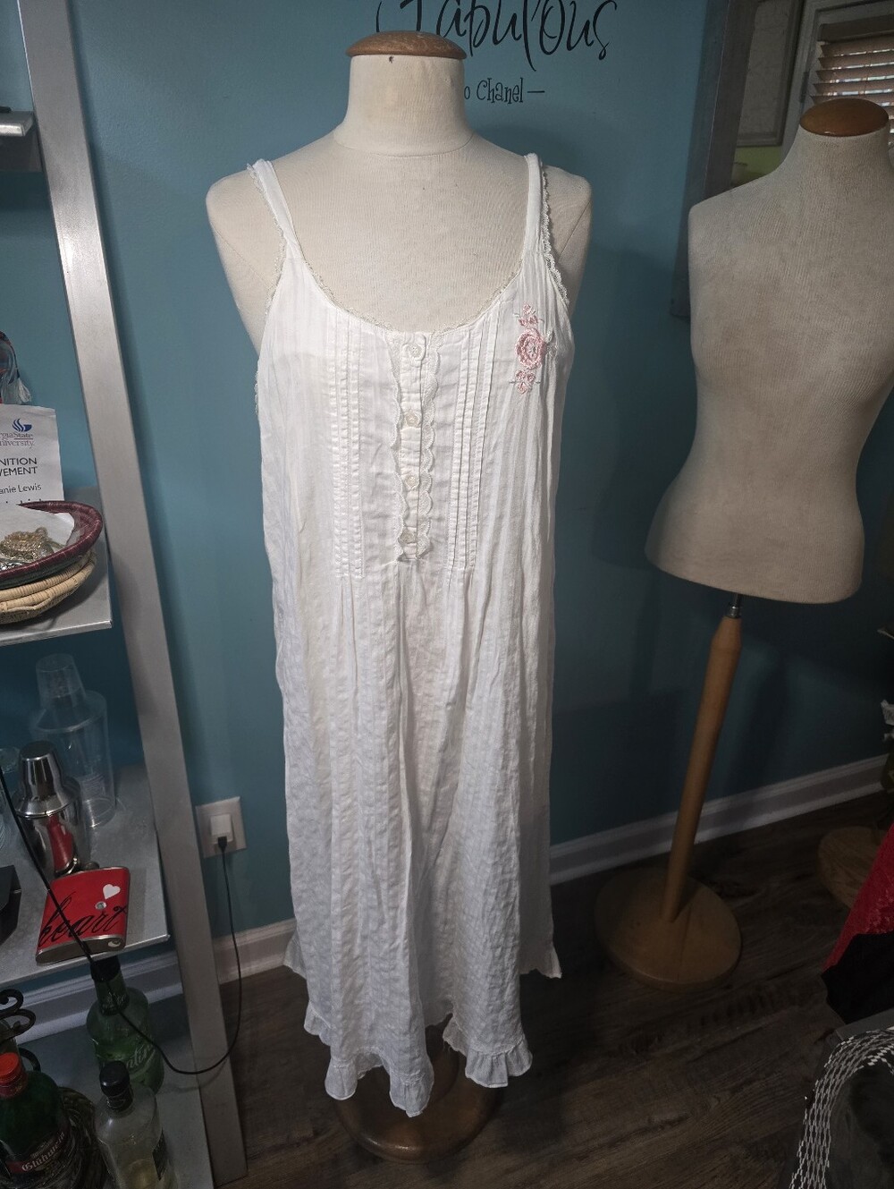 Women’s White Cotton Sleep Dress with Pink Embroidery